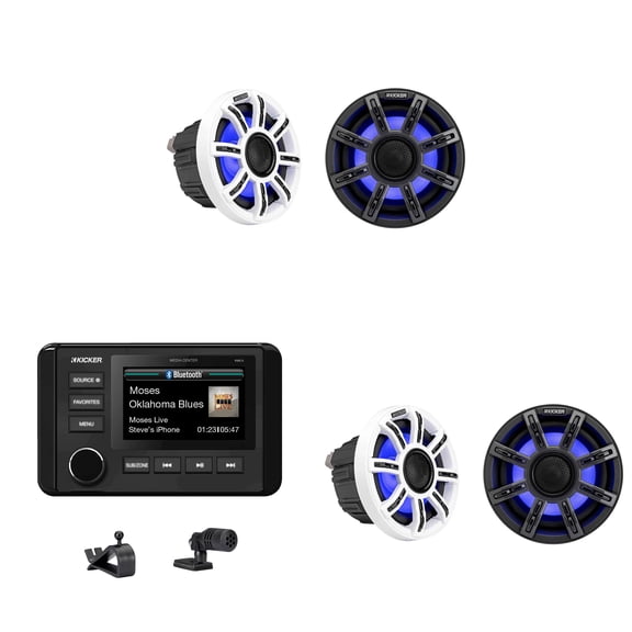 Kicker Premium Marine Audio Upgrade Kit for Sun Tracker Pontoon Boats  6.5" ( 4 ) LED Speakers, Bluetooth Source Package  Bass Pro Tracker Compatible