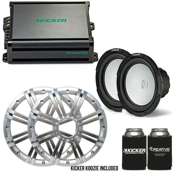 Kicker - Two 10 Inch LED Marine Subwoofers in Silver, 1 Pair with 600 Watt Amplifier Bundle