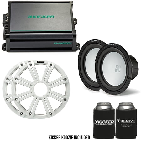 Kicker - Two 10 Inch LED Marine Subwoofers in White, 1 Pair with 600 Watt Amplifier Bundle