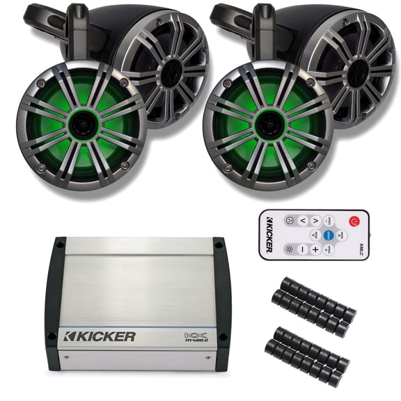 Kicker UTV Bundle: 40KXM4002 Amp & Four Silver Kicker KM LED 6.5s w/ Black KMTES Enclosures