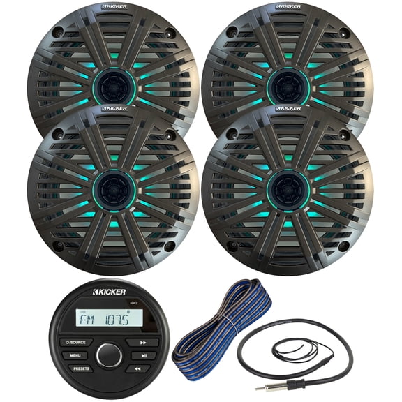 Kicker Weather-Resistant Gauge Style Bluetooth Marine Digital Media Receiver Bundle Combo with (QTY 4) 6.5" 2-Way 195W Max Coaxial Marine LED Speakers w/ Charcoal Salt Water Grilles, Wire, Antenna