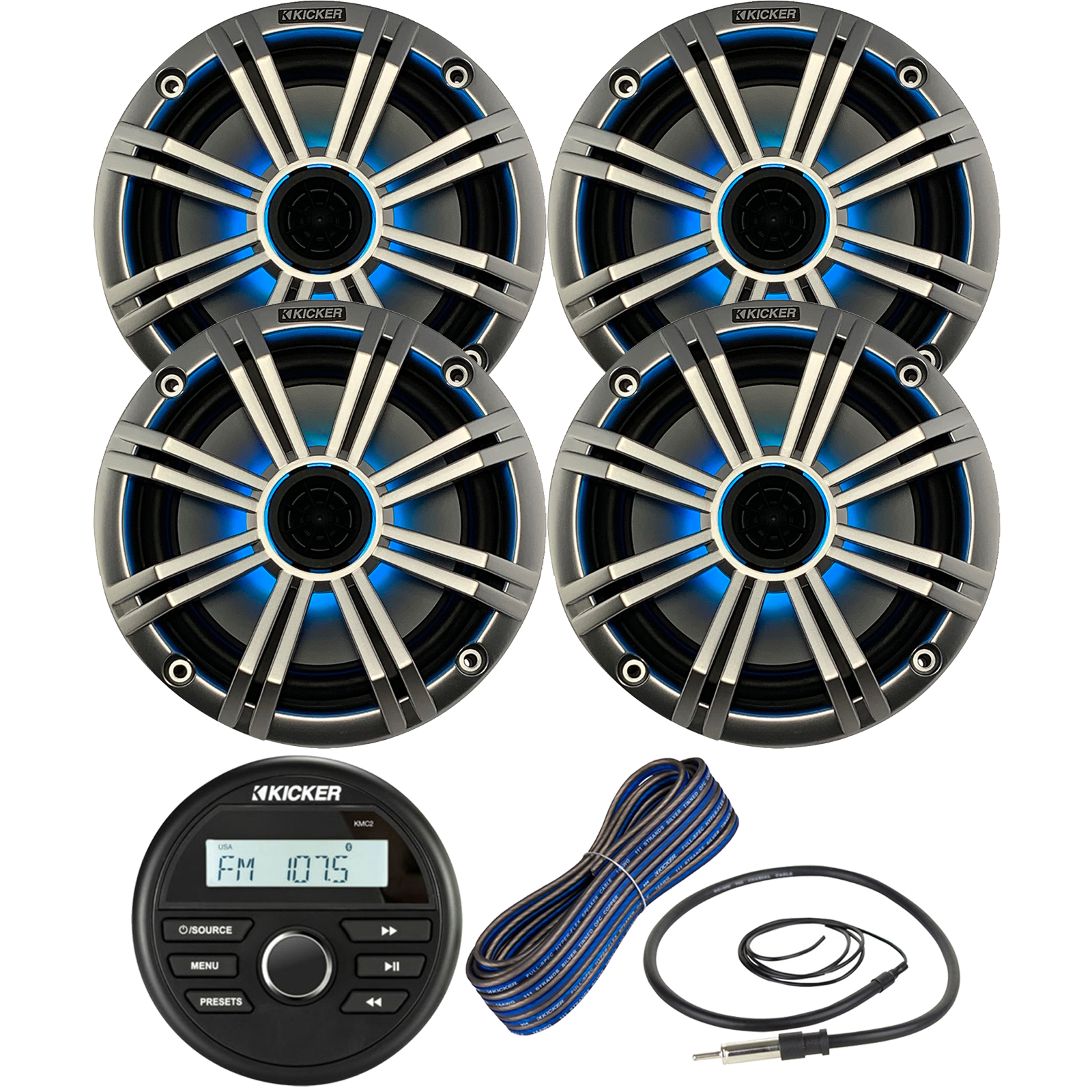 Kicker Weather-Resistant Gauge Style Bluetooth Marine Digital Media Receiver Bundle Combo with (QTY 4) 6.5" 2-Way 195W Max Coaxial Marine LED Speakers w/ Silver Grilles, 16-Gauge Wire, 22" Antenna
