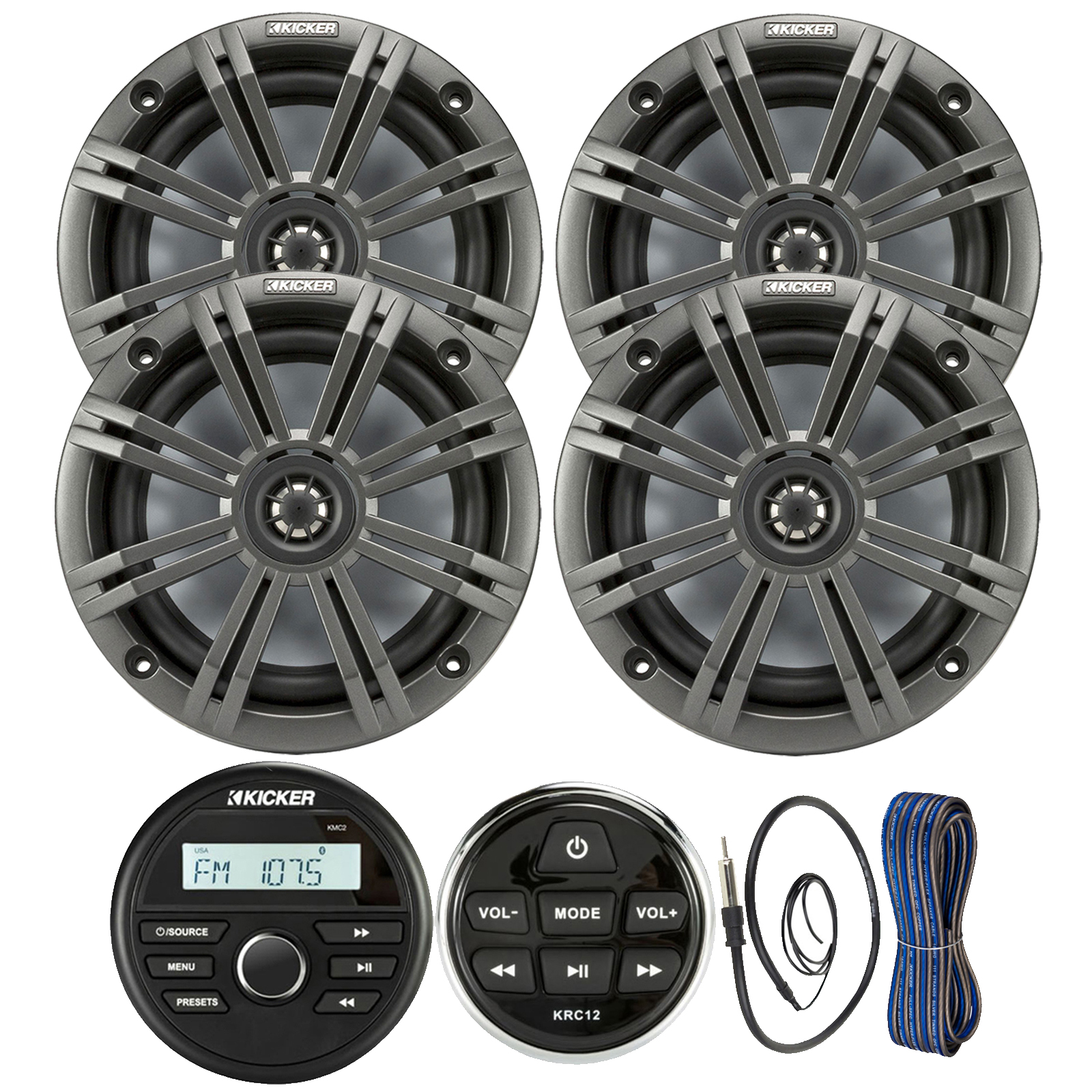 Kicker Weather-Resistant Gauge Style Bluetooth Marine Digital Media Receiver Bundle with Wired Remote, 4x 6.5" 2-Way 195W Max Coaxial Marine Speakers w/ Charcoal Grilles, 16-Gauge Wire, 22" Antenna