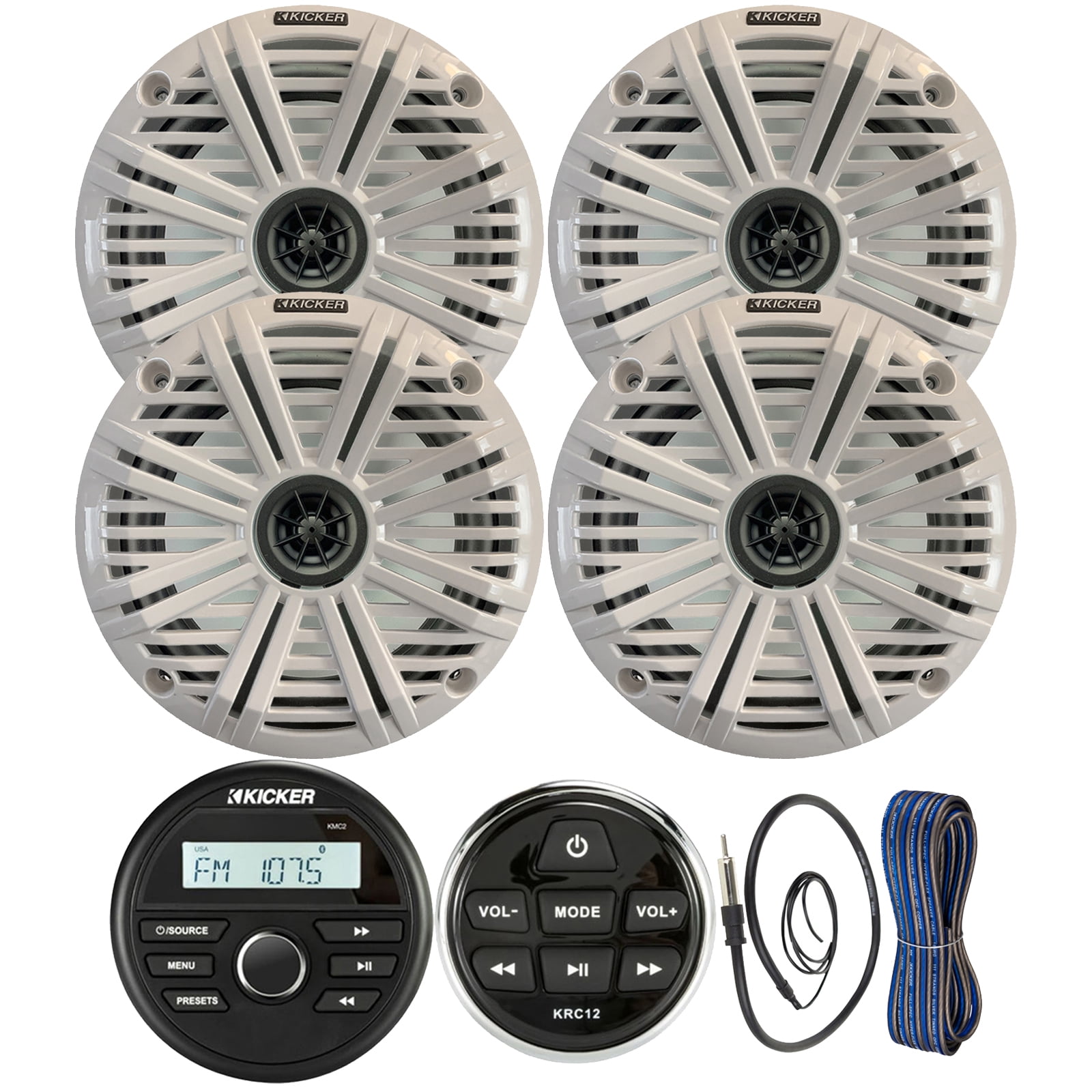 Kicker Weather-Resistant Gauge Style Bluetooth Marine Digital Media Receiver Bundle with Wired Remote, 4x 6.5" 2-Way 195W Max Coaxial Marine Speakers w/ White Salt Water Grilles, Wire, 22" Antenna