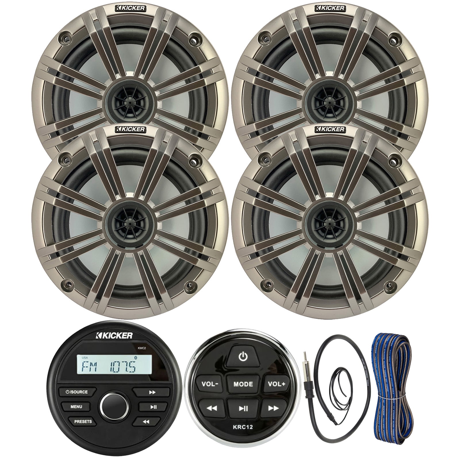 Kicker Weather-Resistant Gauge Style Bluetooth Marine Digital Media Receiver Bundle with Wired Remote, 4x 6.5" 2-Way 195W Max Coaxial Marine Speakers w/ Silver Grilles, 16-Gauge Wire, 22" Antenna