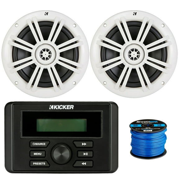 Kicker Weather-Resistant Marine Bluetooth USB AM/FM Digital Media Stereo Receiver with Pair (QTY 2) of 6.5" 150 Watt Max 2-Way OEM Replacement White Boat Audio Speakers, 50-Feet 16-Gauge Speaker Wire