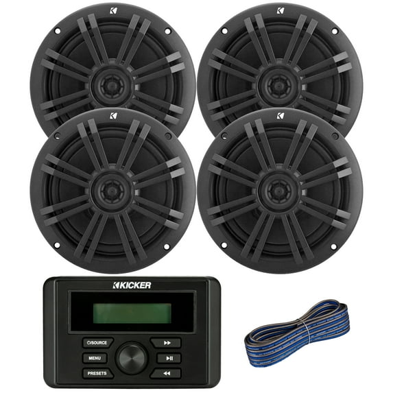 Kicker Weather-Resistant Marine Bluetooth USB AM/FM Stereo Receiver Bundle Combo with 2 Pair (QTY 4) of 6.5" 2-Way 150W Max Power Coaxial Black Marine Audio Speakers, 50-Feet 16-Gauge Speaker Wire