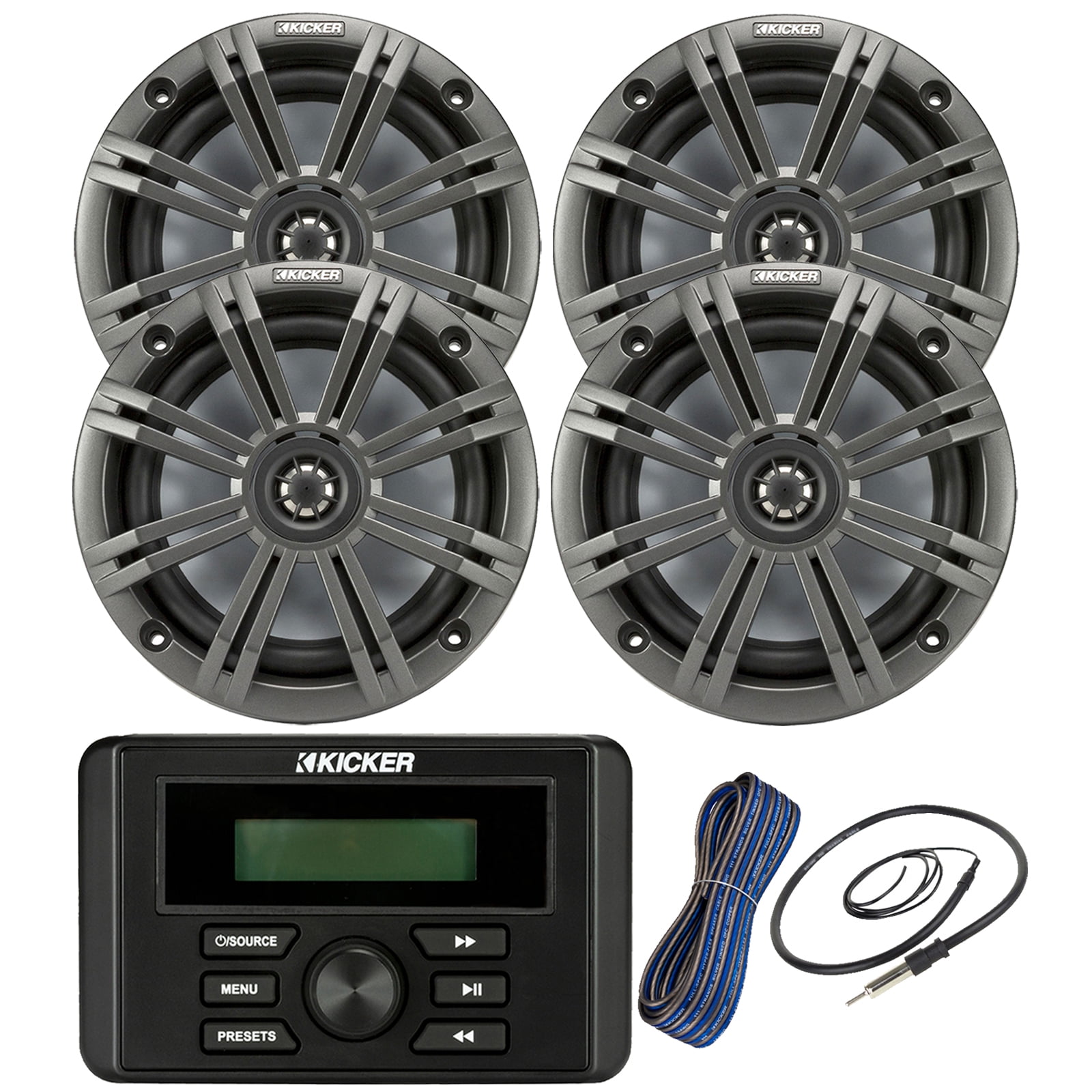 Kicker Weather-Resistant Marine Bluetooth USB RCA Stereo Receiver Bundle Combo with 2 Pair (QTY 4) 6.5" 2-Way 195W Max Coaxial Marine Speaker w/ Charcoal Grilles, 50-Ft 16-Gauge Speaker Wire, Antenna