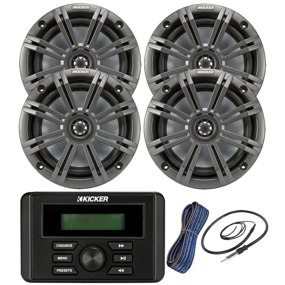Kicker Weather-Resistant Marine Bluetooth USB RCA Stereo Receiver Bundle Combo with 2 Pair (QTY 4) 6.5" 2-Way 195W Max Coaxial Marine Speaker w/ Charcoal Grilles, 50-Ft 16-Gauge Speaker Wire, Antenna