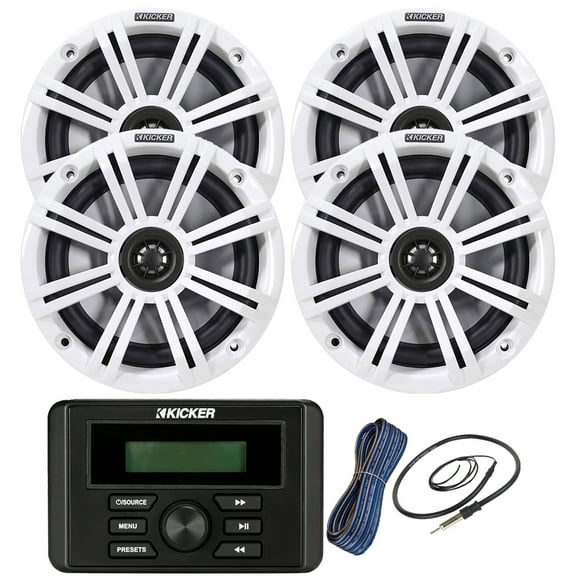 Kicker Weather-Resistant Marine Bluetooth USB RCA Stereo Receiver Bundle Combo with 2 Pair (QTY 4) 6.5" 2-Way 195W Max Coaxial Marine Speakers w/ White Grilles, 50-Ft 16-Gauge Speaker Wire, Antenna