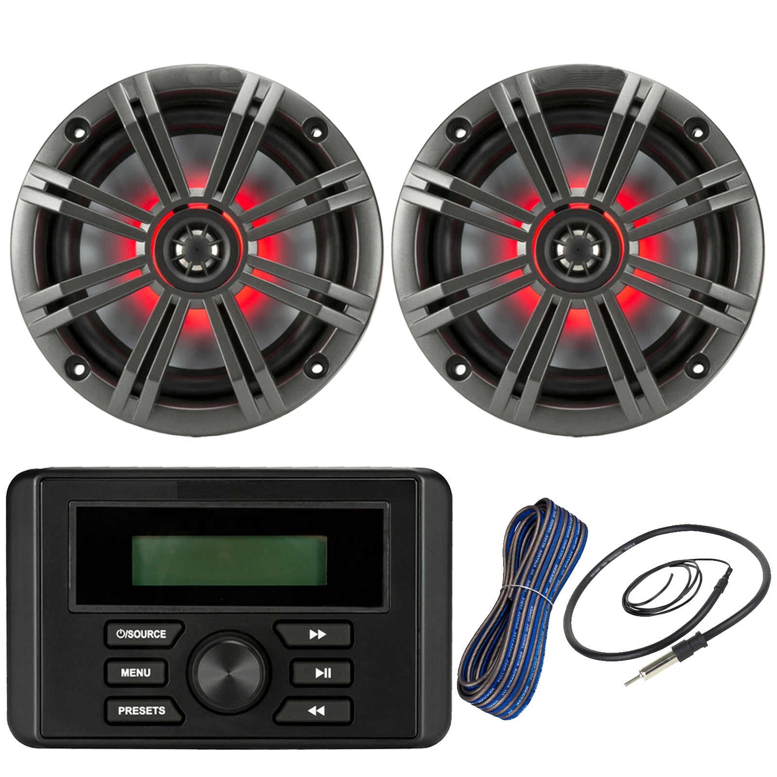 Kicker Weather-Resistant Marine Bluetooth USB RCA Stereo Receiver Bundle Combo with (QTY 2) 6.5" 2-Way 195W Max Coaxial Marine LED Speakers w/ Charcoal Grilles, 50-Ft 16-Gauge Wire, Antenna