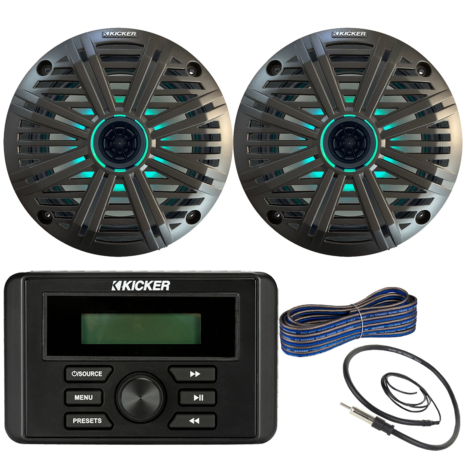 Kicker Weather-Resistant Marine Bluetooth USB RCA Stereo Receiver Bundle Combo with (QTY 2) 6.5" 2-Way 195W Max Coaxial Marine LED Speakers w/ Charcoal Salt Water Grilles, 16-Gauge Wire, Antenna