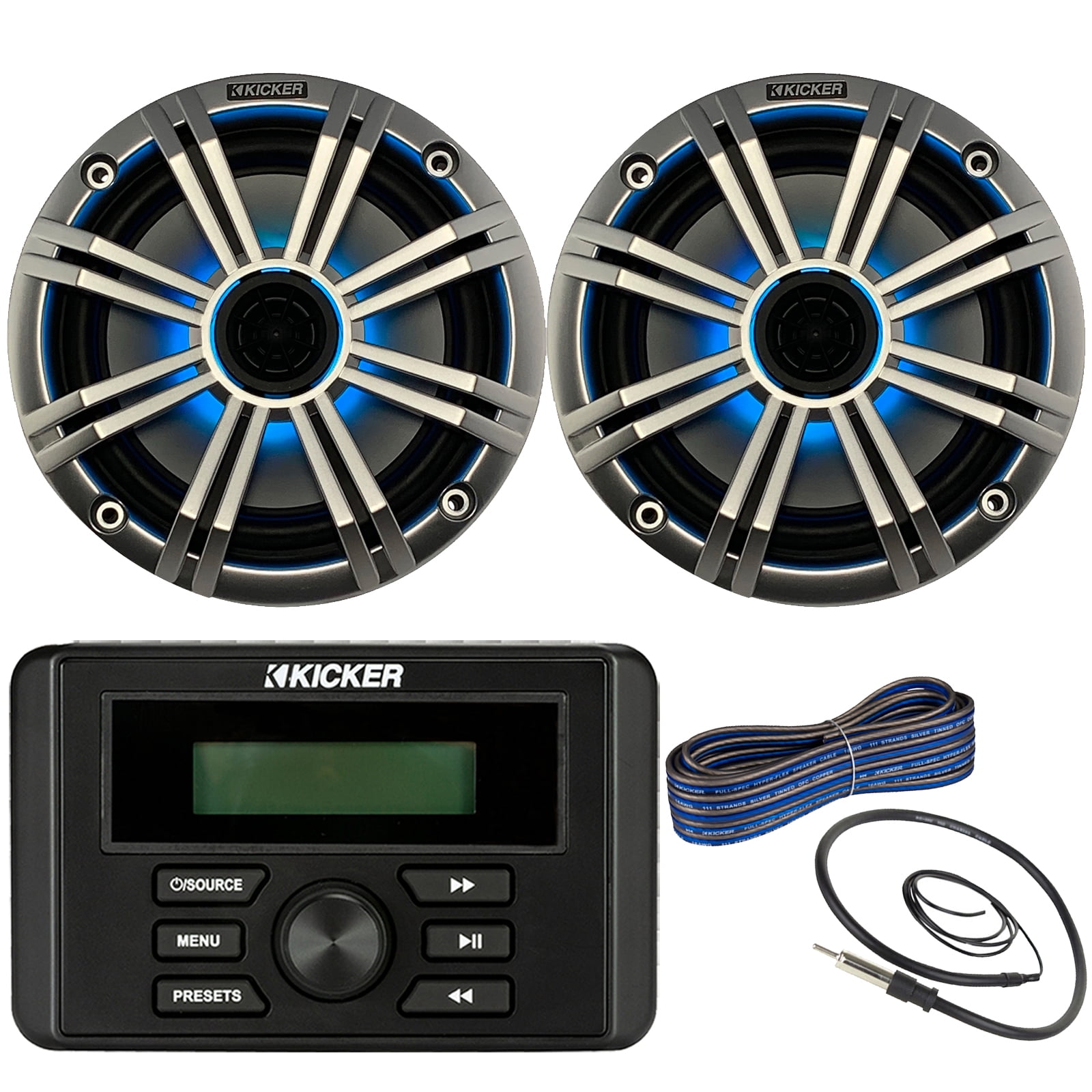 Kicker Weather-Resistant Marine Bluetooth USB RCA Stereo Receiver Bundle Combo with (QTY 2) 6.5" 2-Way 195W Max Coaxial Marine LED Speakers w/ Silver Grilles, 50-Ft 16-Gauge Wire, Antenna