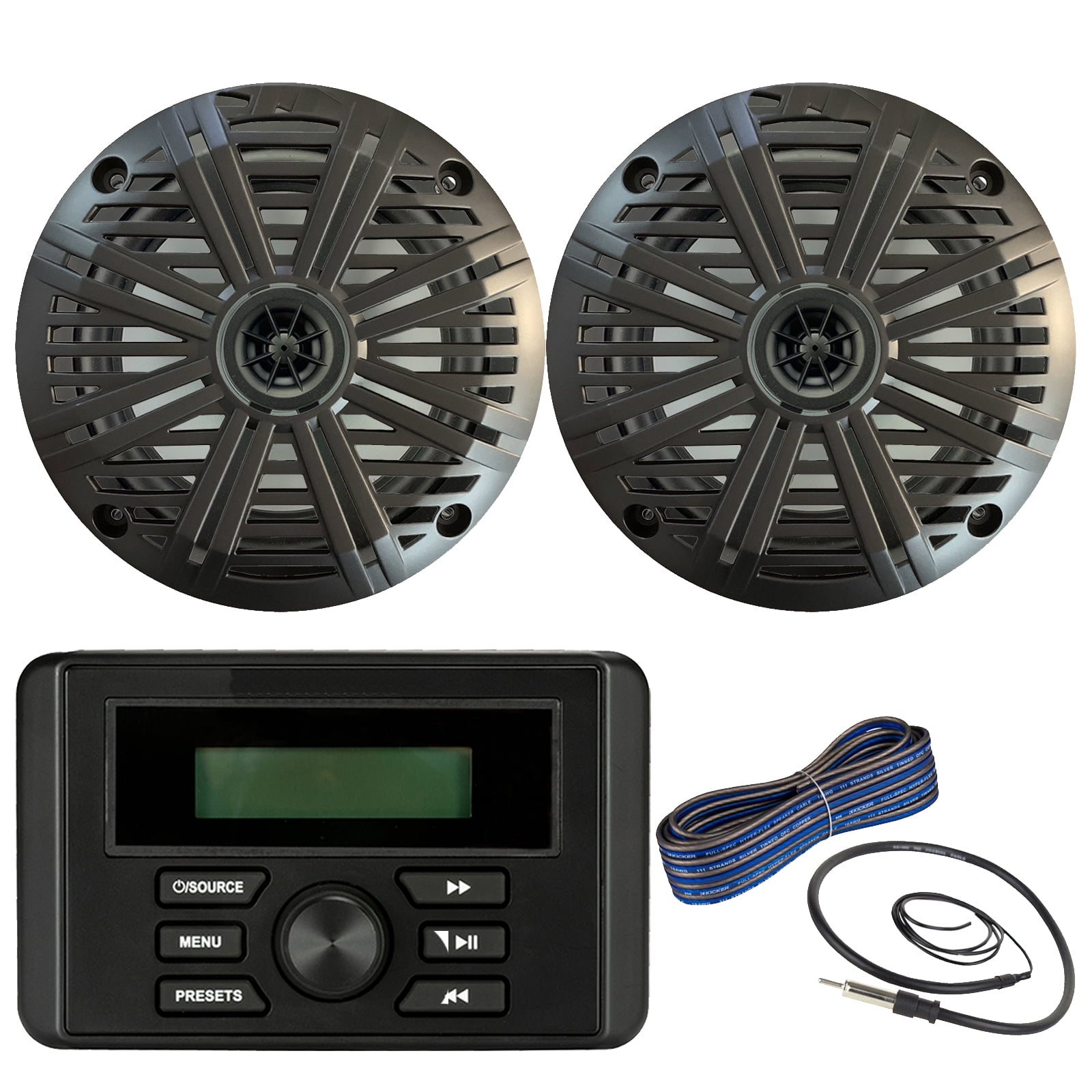 Kicker Weather-Resistant Marine Bluetooth USB RCA Stereo Receiver Bundle Combo with (QTY 2) 6.5" 2-Way 195W Max Coaxial Marine Speaker w/ Charcoal Salt Water Grilles, 50-Ft 16-Gauge Wire, Antenna