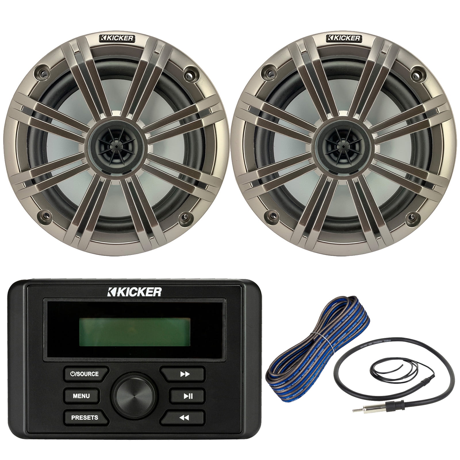 Kicker Weather-Resistant Marine Bluetooth USB RCA Stereo Receiver Bundle Combo with (QTY 2) 6.5" 2-Way 195W Max Coaxial Marine Speakers w/ Silver Grilles, 50-Ft 16-Gauge Speaker Wire, Antenna
