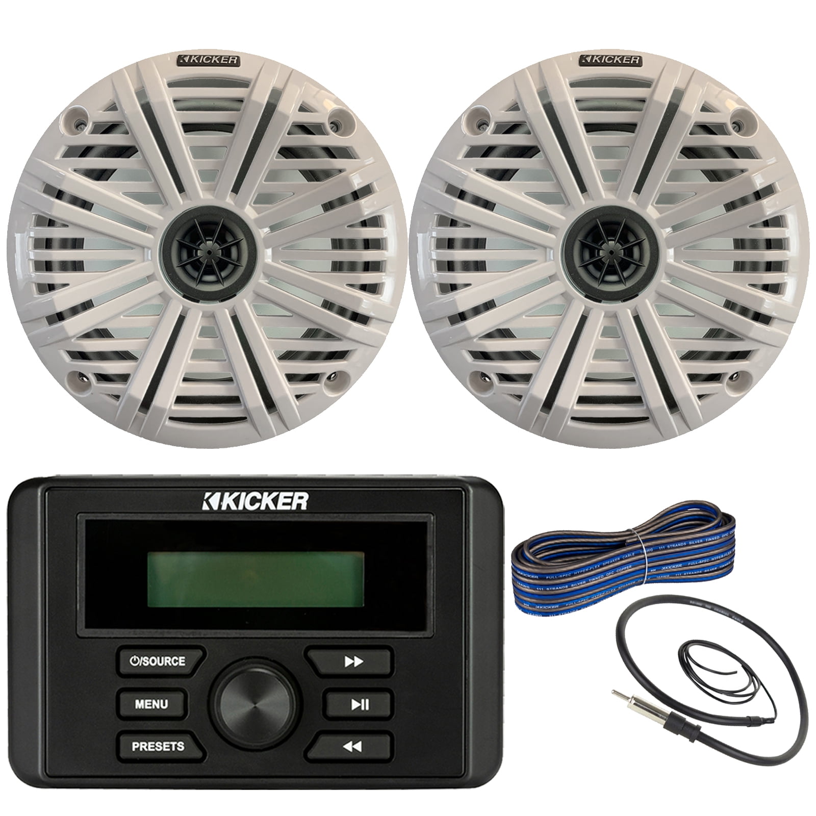 Kicker Weather-Resistant Marine Bluetooth USB RCA Stereo Receiver Bundle Combo with (QTY 2) 6.5" 2-Way 195W Max Coaxial Marine Speakers w/ White Salt Water Grilles, 50-Ft 16-Gauge Wire, Antenna
