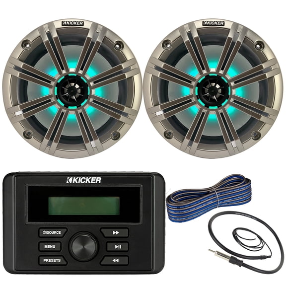 Kicker Weather-Resistant Marine Bluetooth USB RCA Stereo Receiver Bundle Combo with (QTY 2) 8" 2-Way 300W Max Coaxial Marine LED Speakers w/ Silver Grilles, 50-Ft 16-Gauge Wire, Antenna