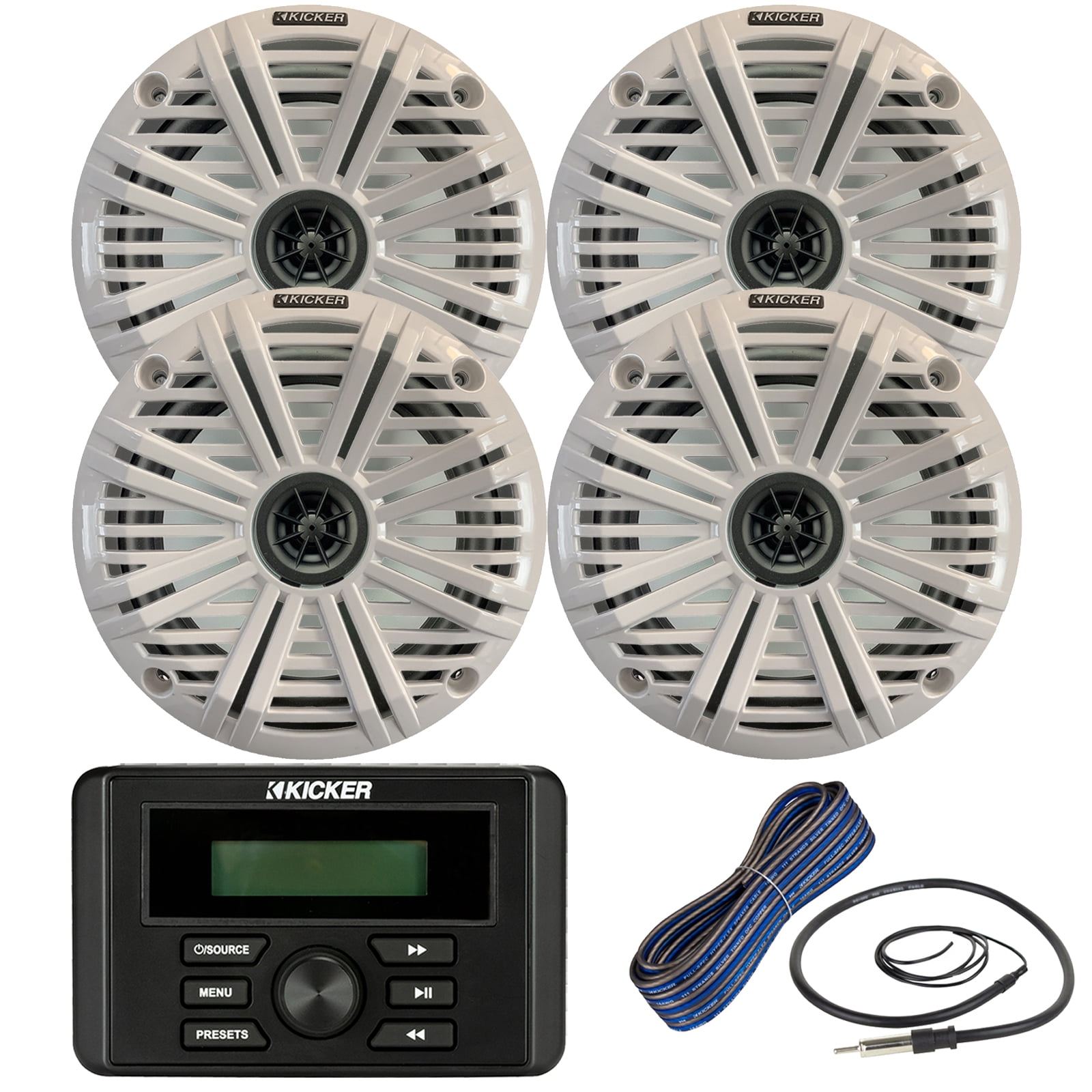 Kicker Weather-Resistant Marine Bluetooth USB RCA Stereo Receiver Bundle Combo with (QTY 4) 6.5" 2-Way 195W Max Coaxial Marine Speakers w/ White Salt Water Grilles, 50-Ft 16-Gauge Wire, Antenna