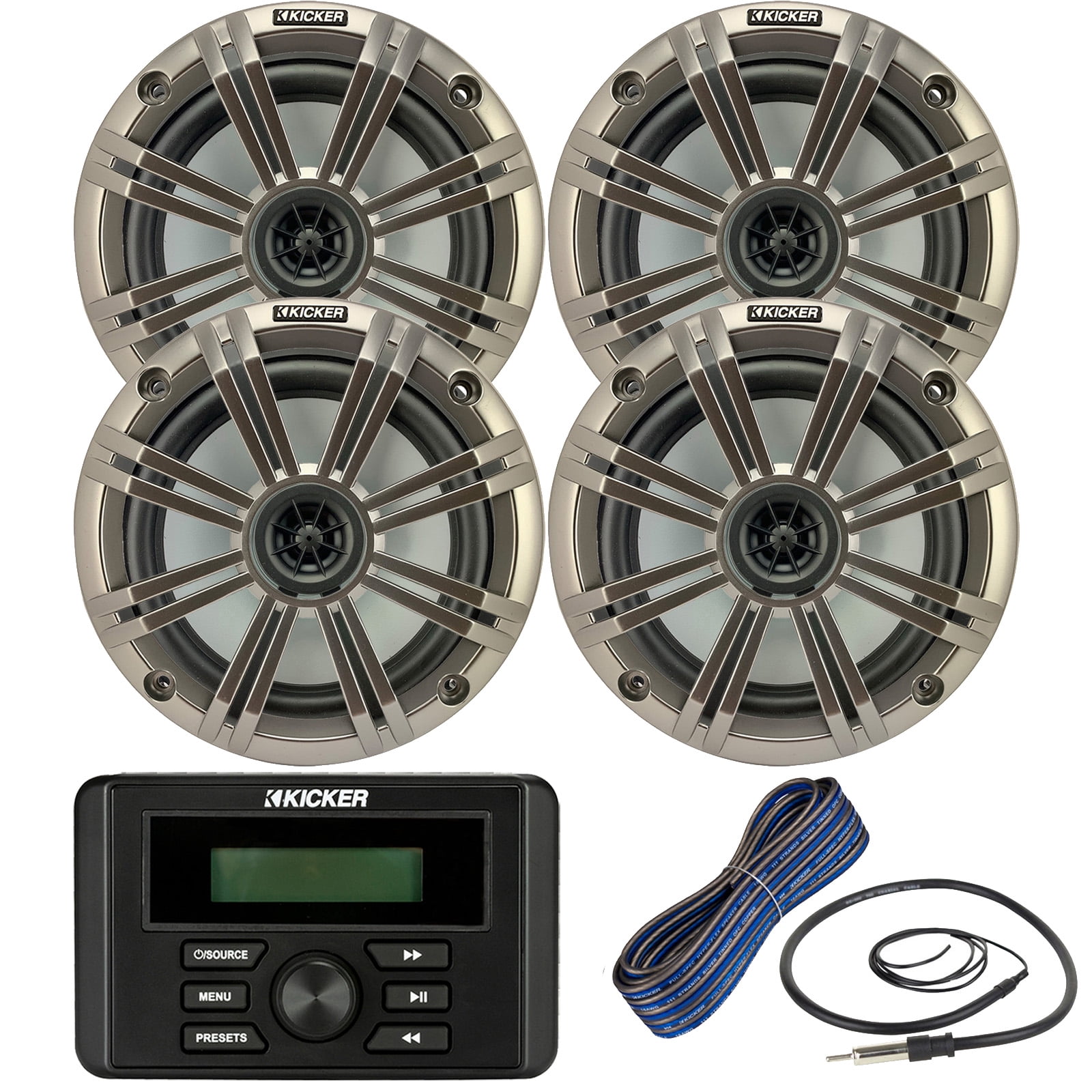 Kicker Weather-Resistant Marine Bluetooth USB RCA Stereo Receiver Bundle Combo with (QTY 4) 6.5" 2-Way 195W Max Coaxial Marine Speakers w/ Silver Grilles, 50-Ft 16-Gauge Speaker Wire, Antenna