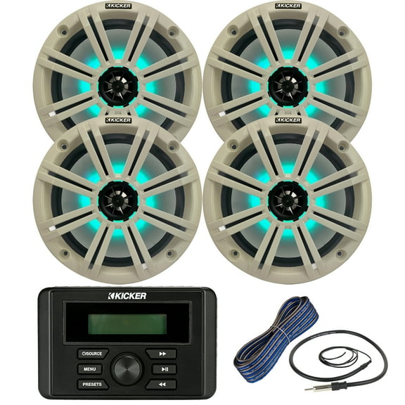 Kicker Weather-Resistant Marine Bluetooth USB RCA Stereo Receiver Bundle Combo with (QTY 4) 8" 2-Way 300W Max Coaxial Marine LED Speakers w/ White Grilles, 50-Ft 16-Gauge Wire, Antenna