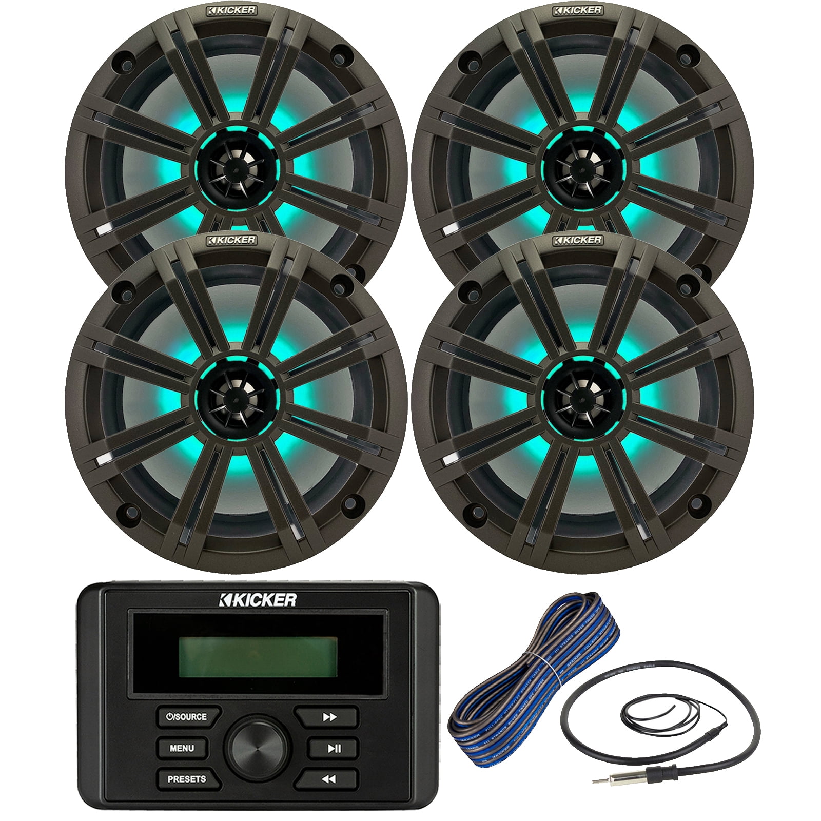 Kicker Weather-Resistant Marine Bluetooth USB RCA Stereo Receiver Bundle Combo with (QTY 4) 8" 2-Way 300W Max Coaxial Marine LED Speakers w/ Charcoal Grilles, 50-Ft 16-Gauge Wire, Antenna