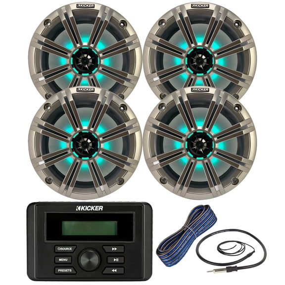 Kicker Weather-Resistant Marine Bluetooth USB RCA Stereo Receiver Bundle Combo with (QTY 4) 8" 2-Way 300W Max Coaxial Marine LED Speakers w/ Silver Grilles, 50-Ft 16-Gauge Wire, Antenna