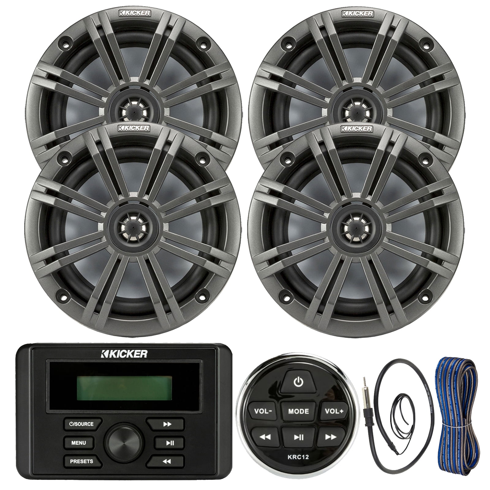 Kicker Weather-Resistant Marine Bluetooth USB RCA Stereo Receiver w/Remote Bundle with (QTY 4) 6.5" 2-Way 195W Max Coaxial Marine Speakers, Charcoal Grilles, 50-Ft Wire, Antenna