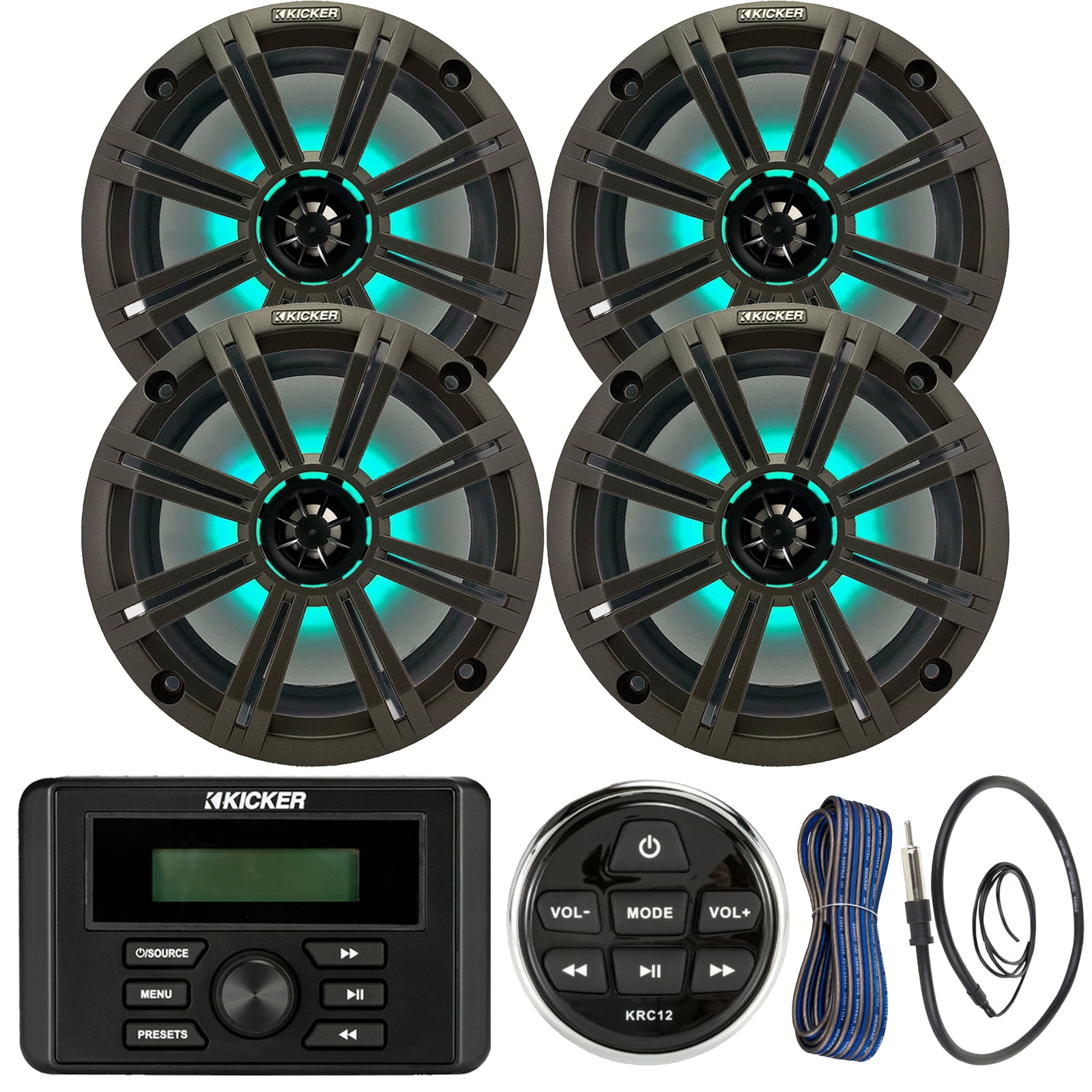 Kicker Weather-Resistant Marine Bluetooth USB RCA Stereo Receiver w/Remote Bundle with (QTY 4) 8" 2-Way 300W Max Coaxial Marine LED Speakers w/ Charcoal Grilles, 50-Ft 16-Gauge Wire, Antenna