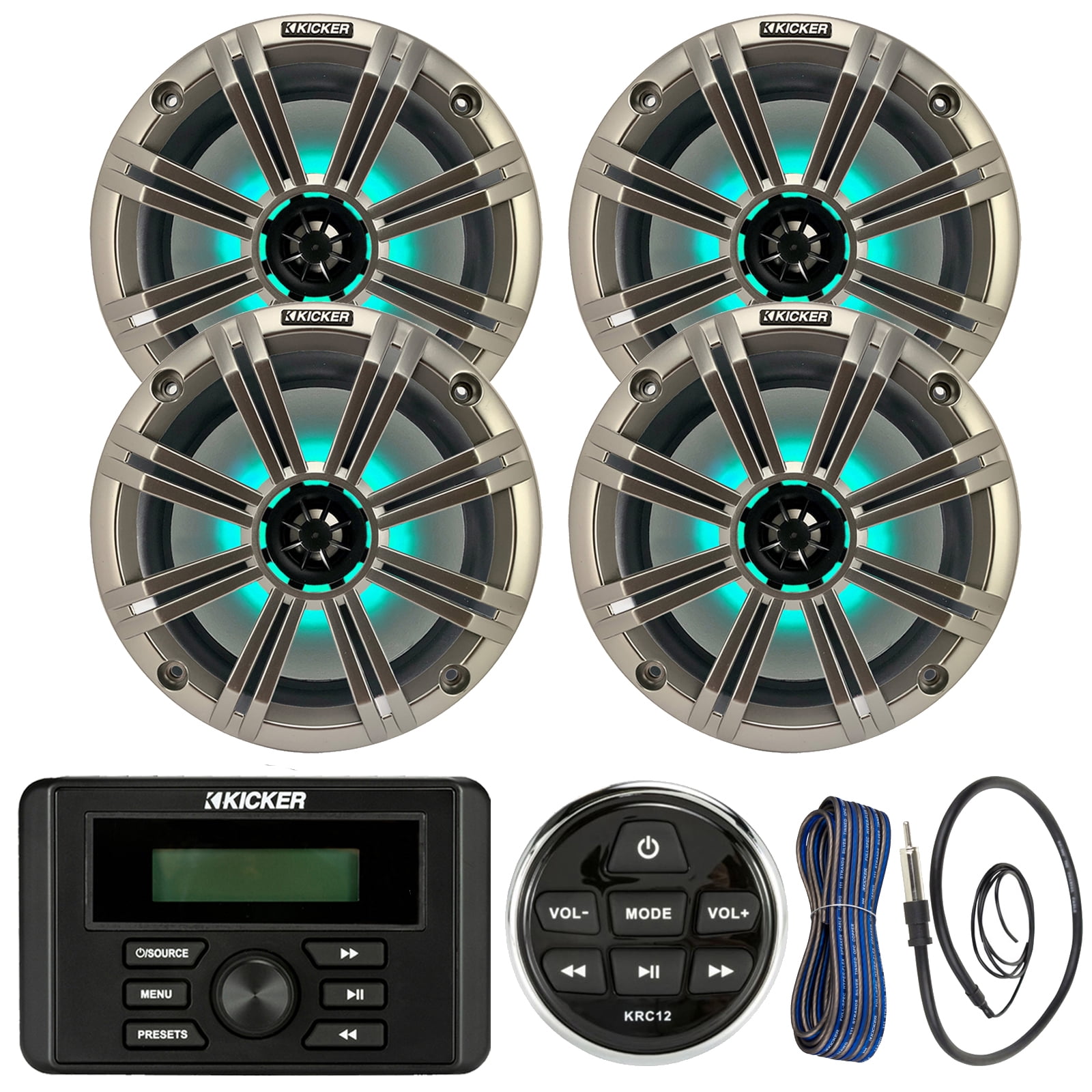 Kicker Weather-Resistant Marine Bluetooth USB RCA Stereo Receiver w/Remote Bundle with (QTY 4) 8" 2-Way 300W Max Coaxial Marine LED Speakers w/ Silver Grilles, 50-Ft 16-Gauge Wire, Antenna