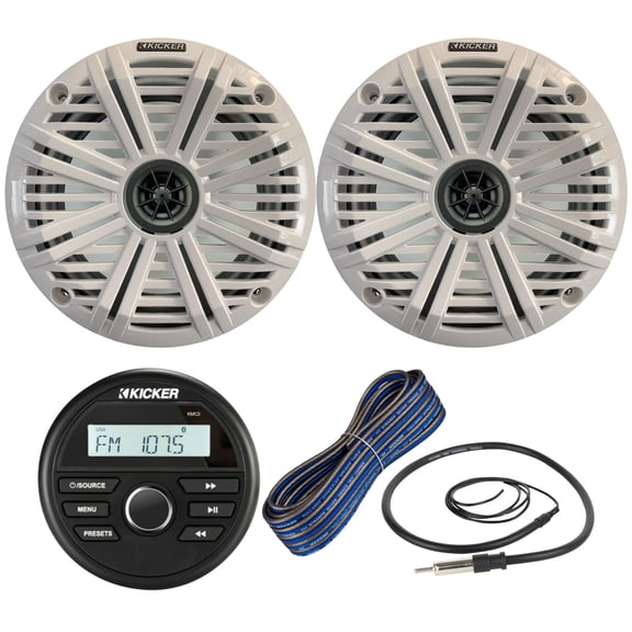 Kicker Weather-Resistant Marine Gauge Style Bluetooth USB Receiver Bundle Combo with 1 Pair (QTY 2) 6.5" 2-Way 195W Max Coaxial Boat Speakers w/ White Salt Water Grilles, 16-Gauge Wire, Antenna