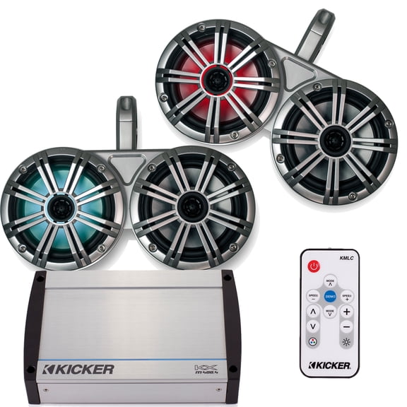 Kicker White Dual Wake Tower System w/ 4 Silver 6.5 LED Speakers, LED Remote and Kicker 40KXM400.4 400 Watt Amplifier