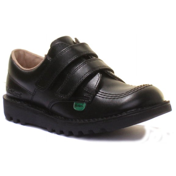 Kickers Kick Lo Velcro Junior's Double Hook And Loop Strap Leather Shoes In Black Size 13.5