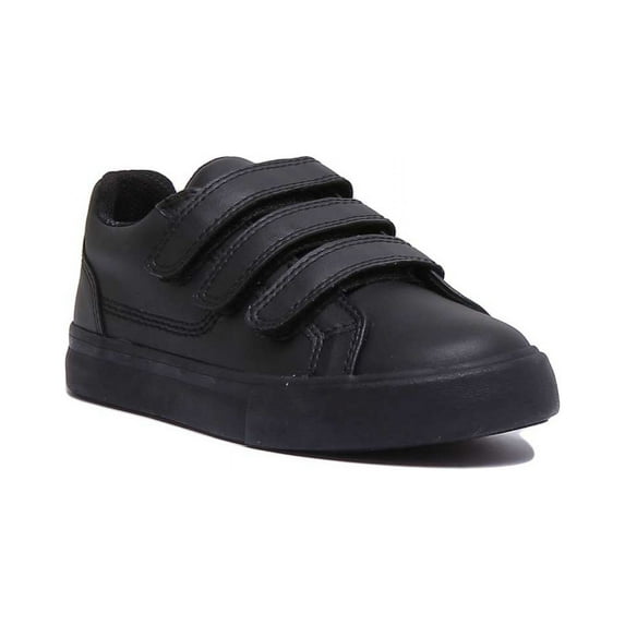 Kickers Tovni Trip Junior's 3 Strap Hook And Loop Leather Shoes In Black Size 1