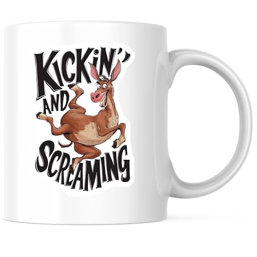Kickin and Screaming Coffee Mug - Funny Donkey Coffee Mug - 11 Ounce Animal Lover Mug - Premium Ceramic - Design Printed On Both Sides - BMCM04142