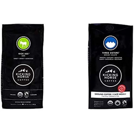 Kicking Horse Coffee, Kick Ass, Dark Roast, Whole Bean, 10 Oz & Three Sisters, Medium Roast, Ground, 10 Oz - Certified Organic, Fairtrade, Kosher Coffee