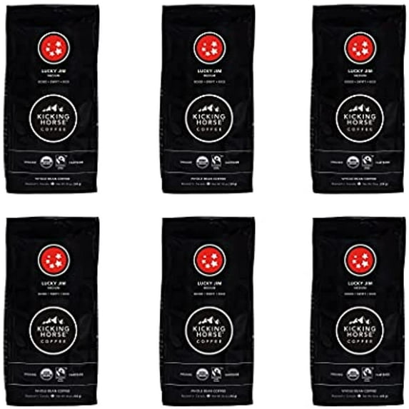 Kicking Horse Coffee Lucky Jim Whole Beans, Medium Roast, Certified Organic Fairtrade Kosher Coffee, Black, 10 Oz (Pack Of 6)