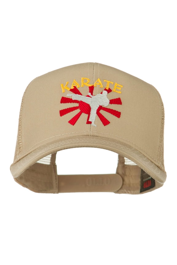 Kicking Karate Man Embroidered Trucker Cap - Khaki OSFM