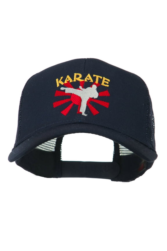 Kicking Karate Man Embroidered Trucker Cap - Navy OSFM
