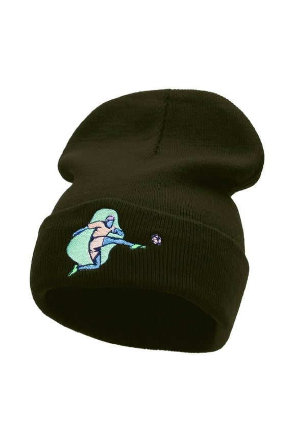 Kicking Soccer Ball Embroidered 12 Inch Long Knitted Beanie - Olive OSFM