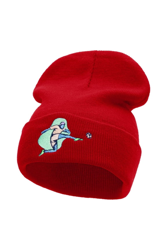 Kicking Soccer Ball Embroidered 12 Inch Long Knitted Beanie - Red OSFM