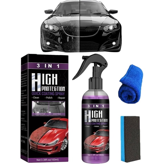 Kicklo Ceramic Coating, High Protection Car Scratch Nano Repair Wax, 3 in 1 Quick Car Ceramic Coating Spray, 100ml, With Towel and Sponge, Waterless Wash, for All Cars