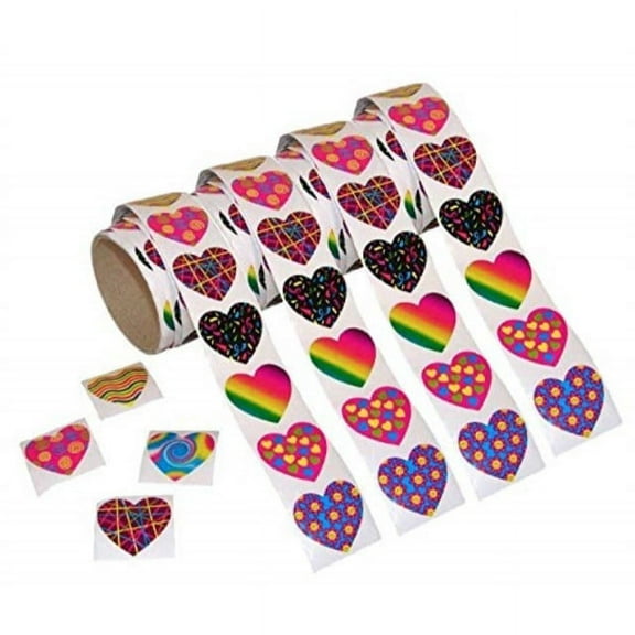 Kicko Funky Heart-Shaped Stickers for Kids, Waterproof and Highly Adhesive, 4 Rolls, 1.5'', 400 Assorted Colors and Designs