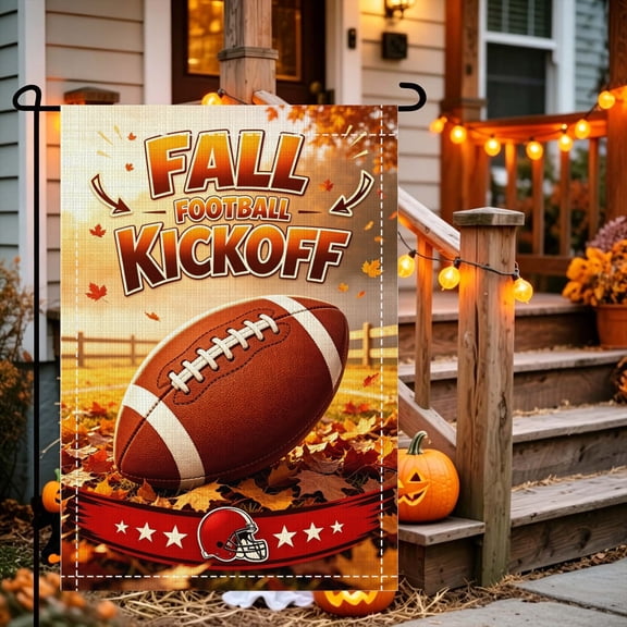 Kickoff Slogan Football Star Ribbon Autumn Pattern Game Day Fall Kickoff Football Garden Flag, Polyester, 1218 Inch, Outdoor Yard Decor