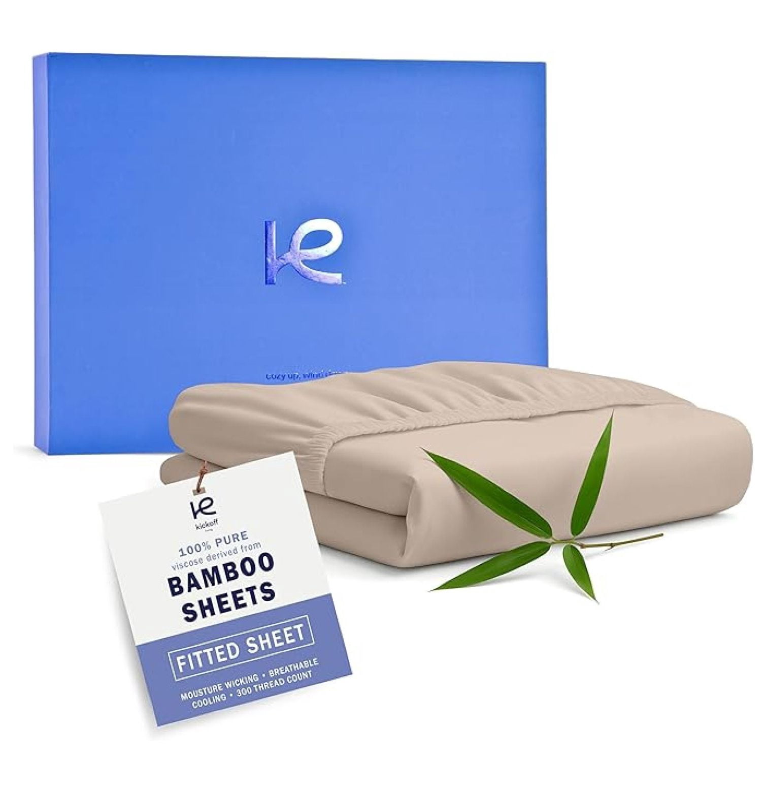 Kickoff Viscose Bamboo Fitted Sheet Queen Size, 100% Organic Cooling Sheets Fitted ONLY Viscose Bamboo Sheets Queen Size Bed Sheet for Hot , Extra Deep Pocket, 4 Corner Strap (Q, Iced Latte)