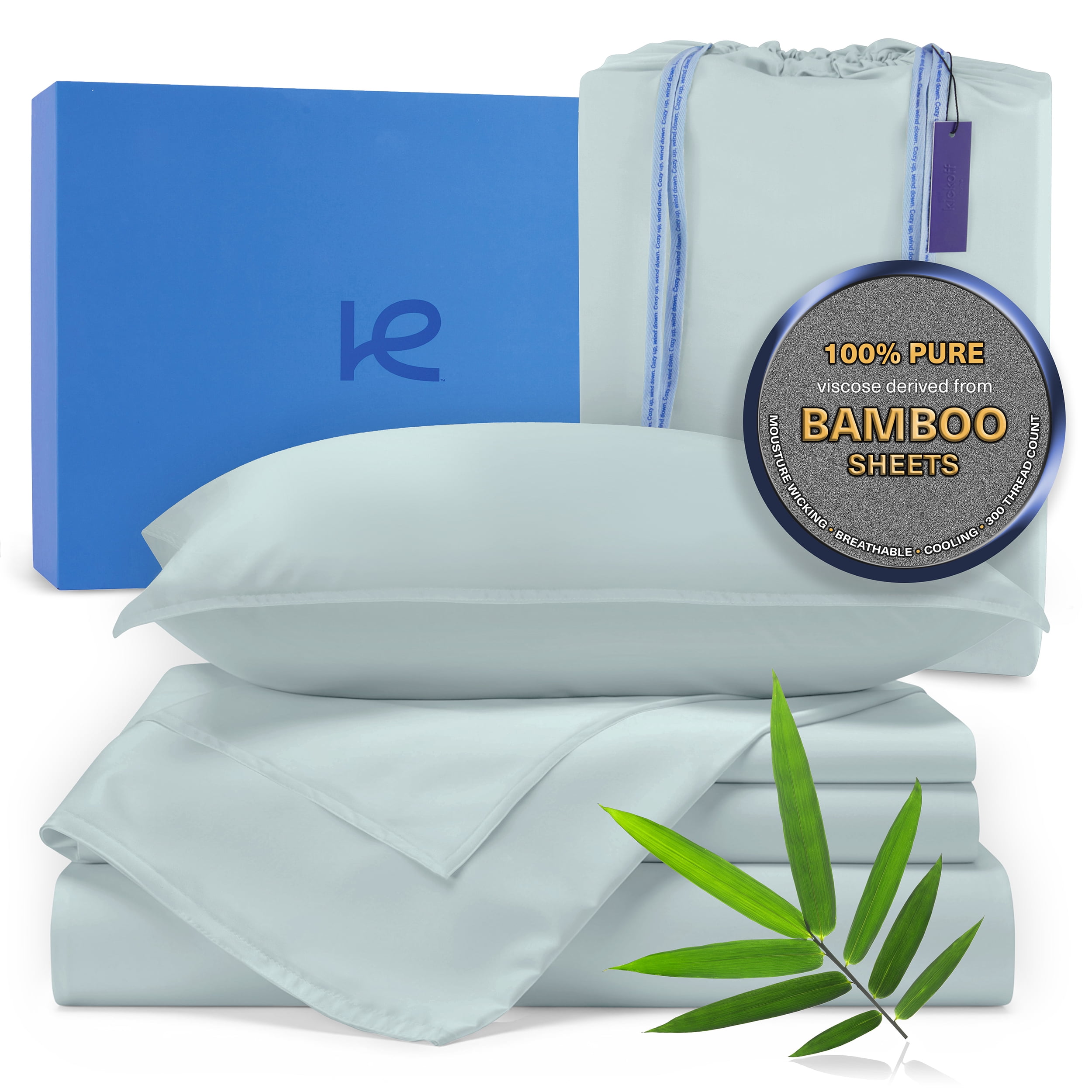 Kickoff Viscose Bamboo Sheets Queen Size 4-pc 100% Organic Bamboo Viscose Bed Cooling Sheets Queen Size Set Cool Bedding for hot sleepers sheet, Flat, Fitted, Pillowcases (Coastal Blue, Q)