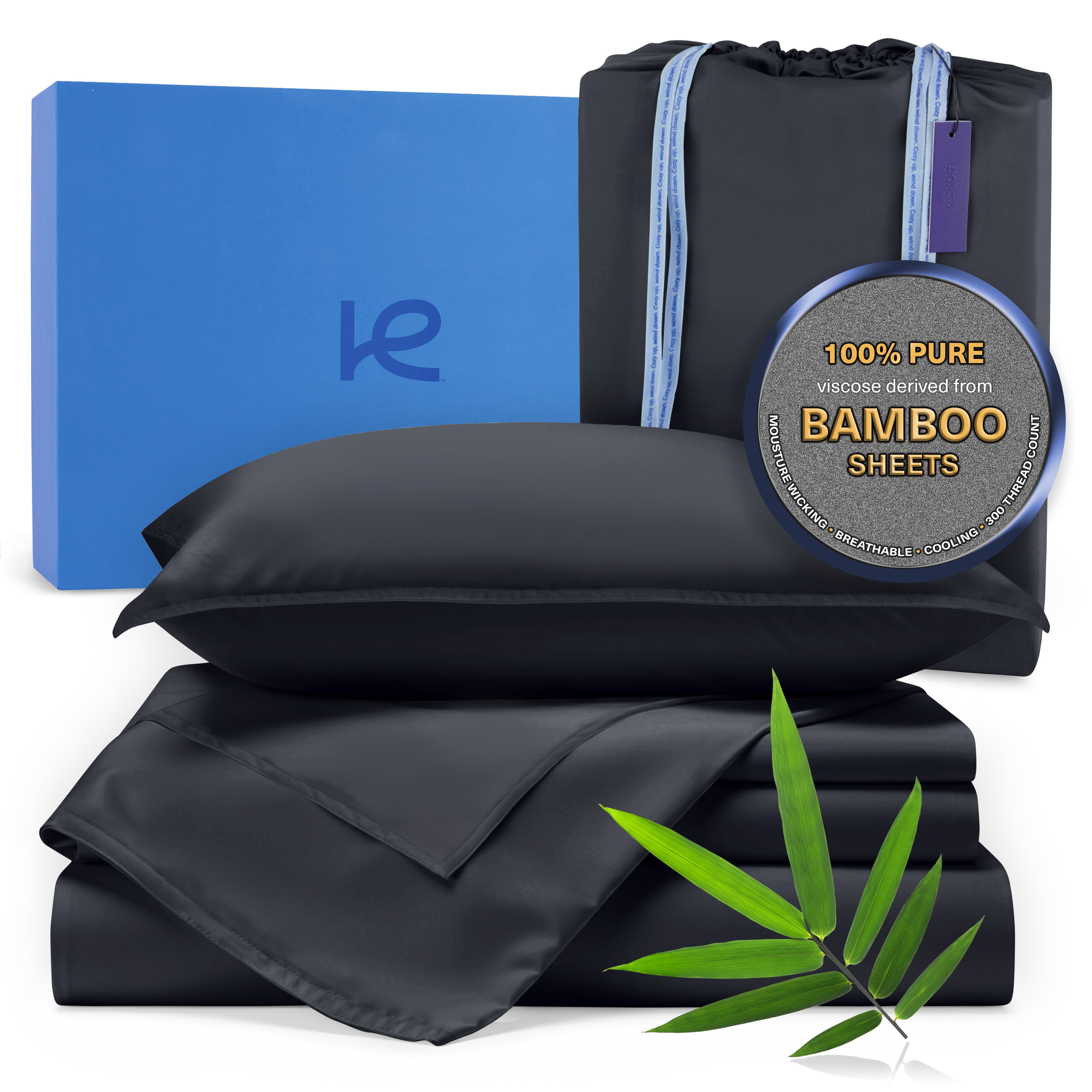 Kickoff Viscose Bamboo Sheets Twin XL Size 3-pc 100% Organic Bamboo Viscose Bed Cooling Sheets Twin XL Size Set Cool Bedding for hot sleepers sheet, Flat, Fitted, Pillowcase (Onyx Black, TXL)