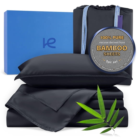 Kickoff Viscose Bamboo Sheets full Size 4-pc 100% Organic Bamboo Viscose Bed Cooling Sheets full Size Set Cool Bedding for hot sleepers sheet, Flat, Fitted, Pillowcases (Onyx Black, F)