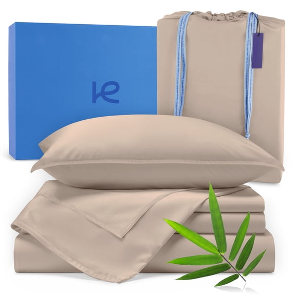 Kickoff Viscose Bamboo Sheets full Size 4-pc 100% Organic Bamboo Viscose Bed Cooling Sheets full Size Set Cool Bedding for hot sleepers sheet, Flat, Fitted, Pillowcases (Iced Latte, F)