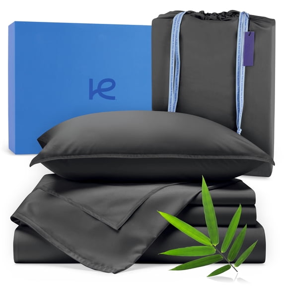 Kickoff Viscose Bamboo Sheets full Size 4-pc 100% Organic Bamboo Viscose Bed Cooling Sheets full Size Set Cool Bedding for hot sleepers sheet, Flat, Fitted, Pillowcases (Pewter, F)