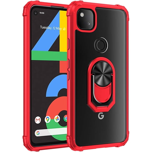 Kickstand Case for Google Pixel 4a (2020) Case,Drop Protection Clear Case,Slim Phone Cover Shell,Soft Bumper + Hard Back + Ring Stand Fits Magnetic Car Mount Case for Google Pixel 4a,Red